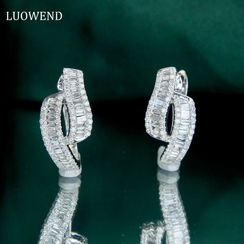 

LUOWEND 18K White Gold Earrings Real Natural 0.66carat Diamond Hoop Earrings for Lady Fashion Line Design OL Style Jewelry