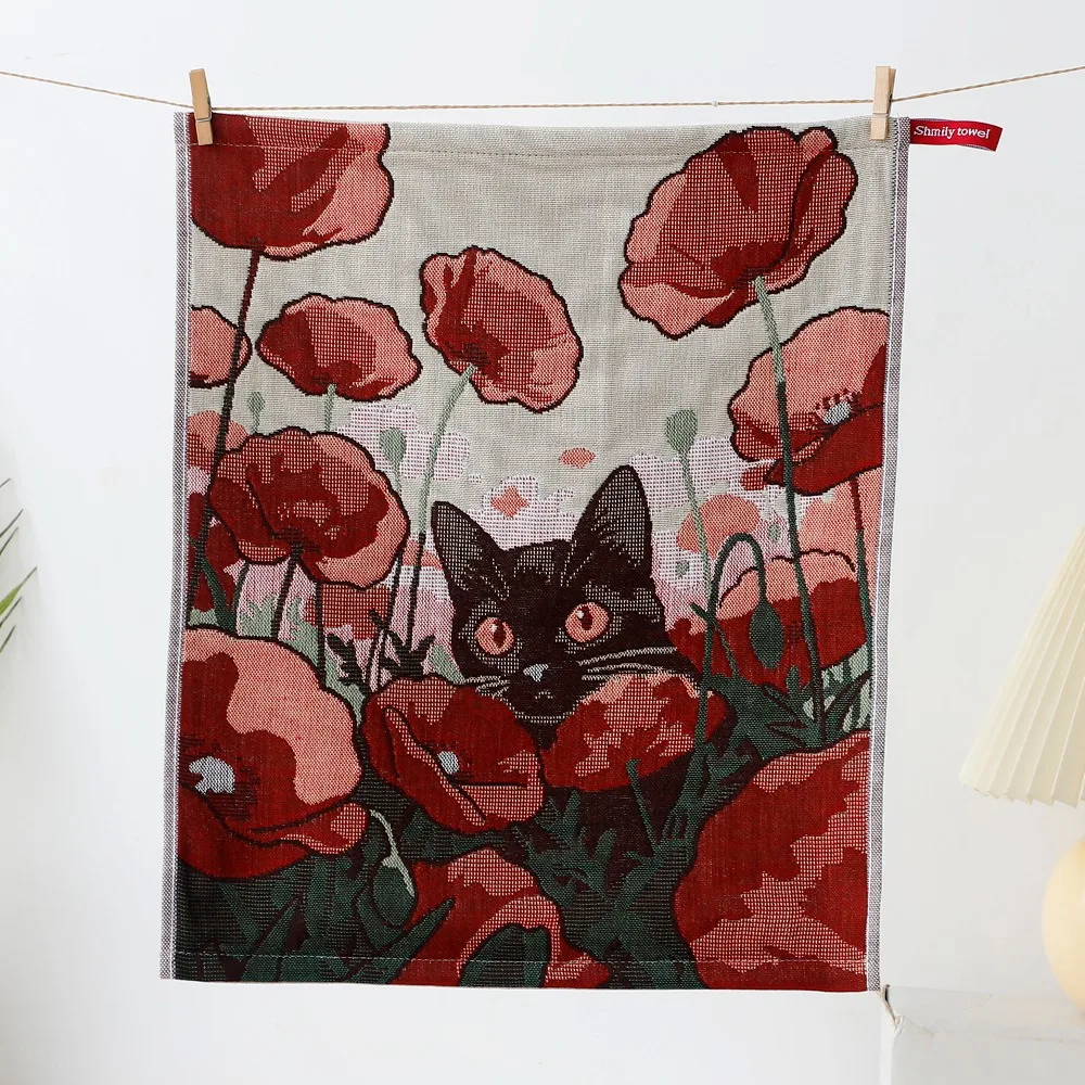 34x40cm Large Hand Towel Cat Pattern 4 Layer Cotton Gauze Pure Cotton Dish Cloth Decorative Quick Dry Kitchen Towel