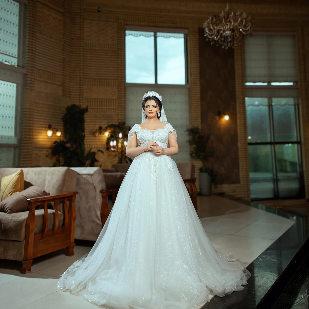 

Elegant Wedding Dresses Boat Collar Sleeveless A-Line Brides Dress with Beading Appliques Sequined Church Bridal Gown Customized