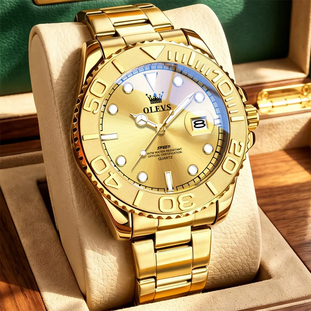 OLEVS Luxury Men Watch Full Gold Quartz Wristwatch 3ATM Waterproof Luminous Date Stainless Steel Band Reloj Hombre Montre Homme