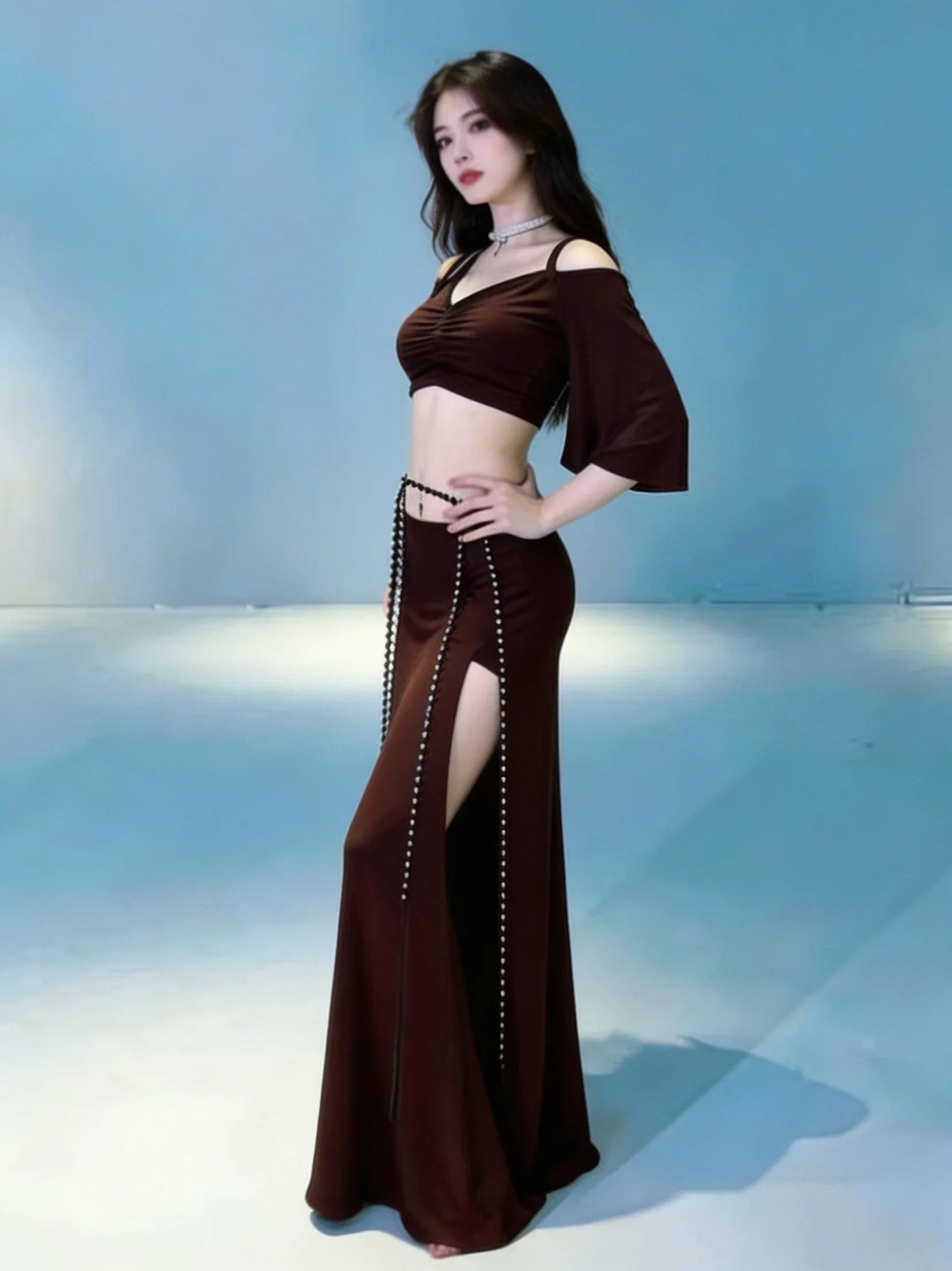 

Женский костюм для танца живота с пайетками и сеткой, сексуальный комплект для выступлений, одежда для сценических шоу и тренировок