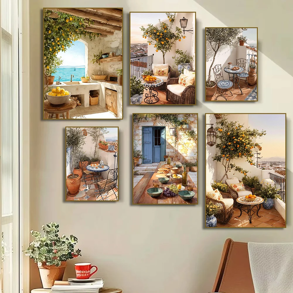 Modern Mediterranean Rustic Sunlit Spanish Courtyard Poster - Unframed Orange Tree Balcony Poster for Living Room Kitchen Decor