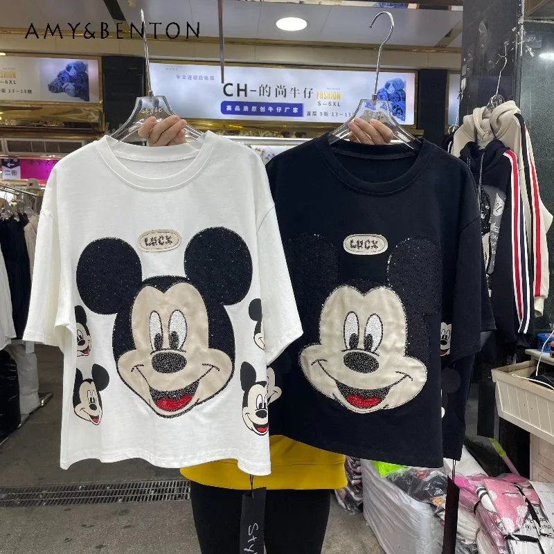 

Autumn New Heavy Sequin Cartoon Patch Short Sleeved T-shirt For Women's Loose Oversized Wearable Cartoon Youthful Top Tshirts