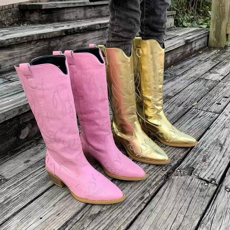 

2025 Autumn/Winter Coarse Heel Pointed Middle Heel Fashion Boots for Women, Large Size Over Knee Long Tube Boots