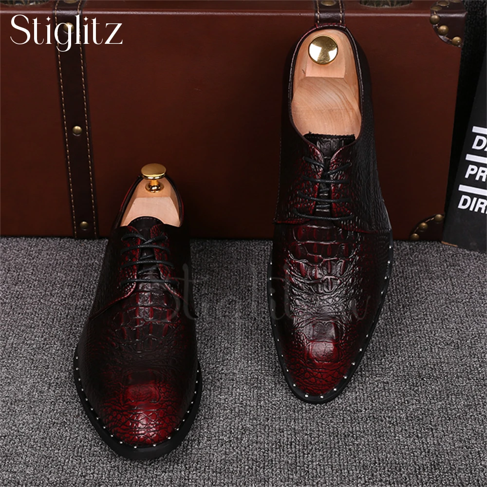 Faux Crocodile Leather Oxford Shoes Red Black Handmade Oxford Shoes Designer Style Elegant Men's Lace up Dress Shoes for Wedding