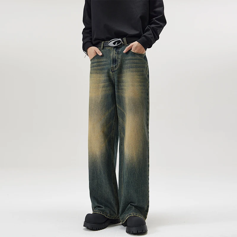 Vintage Distressed Men's Baggy Straight Jeans Spring Autumn Korean High Street Moustache Effect Denim Pants Streetwear Trousers