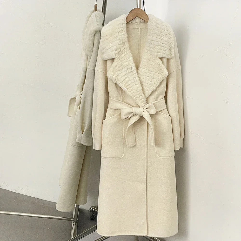 Elegant Fur Collar Woolen Coat Women Belted Long Double Faced outerwear Oversized Real Mink Fur Shawl Collar Jacket New Winter