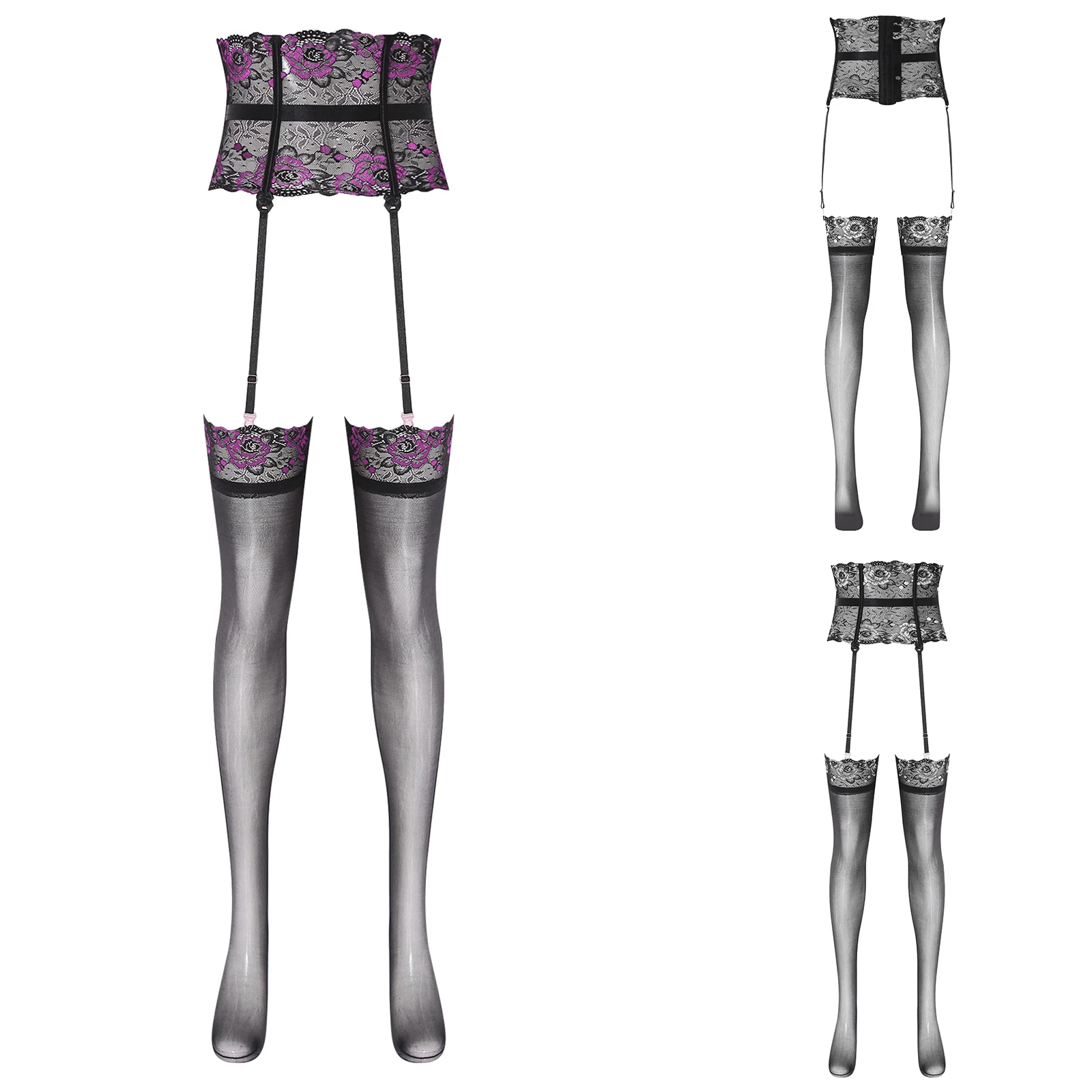 Womens Floral Lace Fishbone Corset with Three Row Hook-and-eye Closure and Adjustable Garters Thigh High Stockings Nightwear