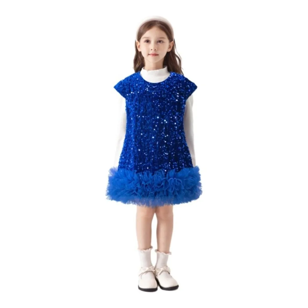 New Short Sleeved Girls Sequined Vest Skirt Fluffy Sparkly Sequin Girls Dress Elegant Costume Princess Tutu Dress Christmas