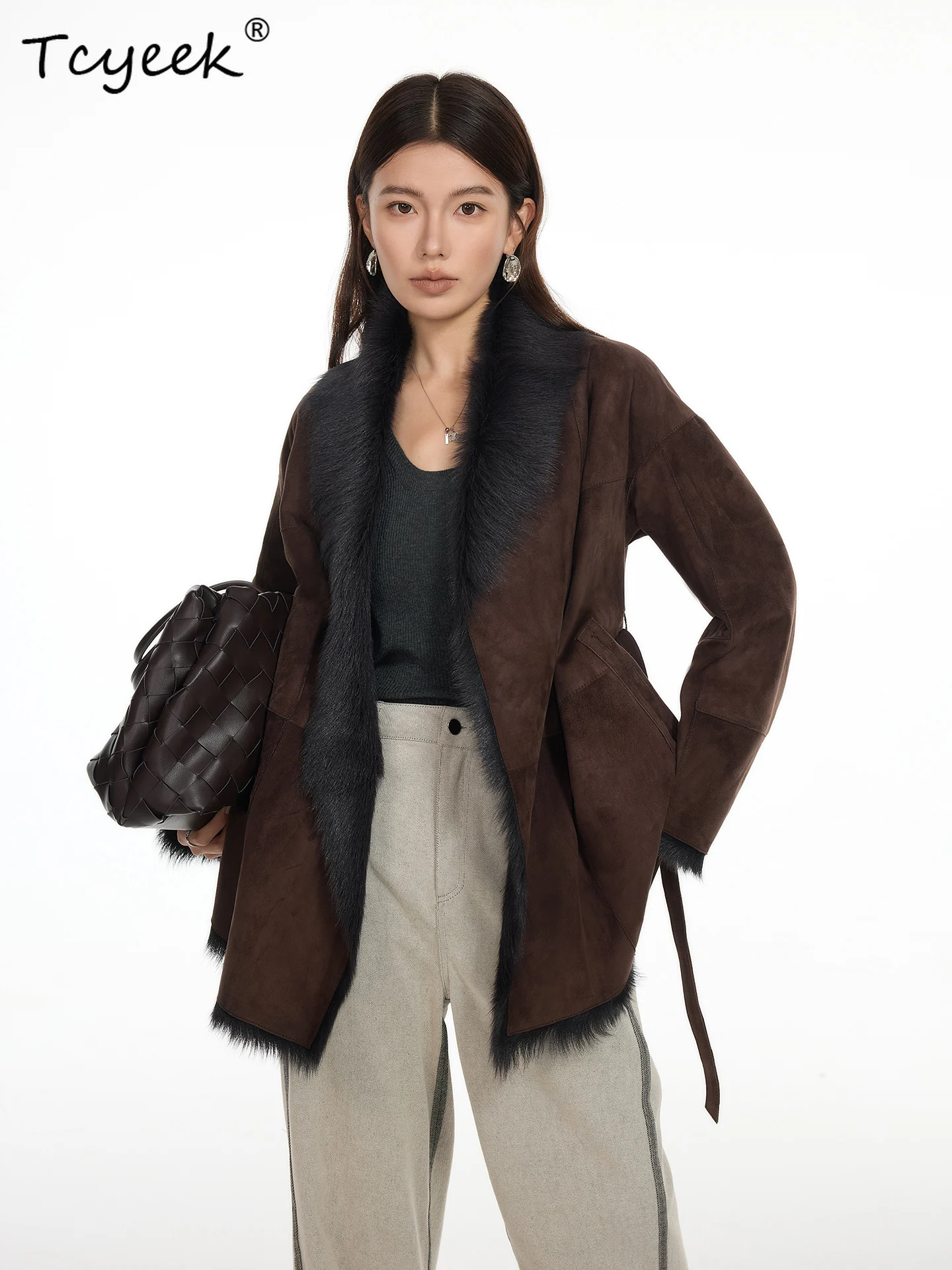 Tcyeek Prawdziwa Wełna Jesień Zima Elegancki Modny Płaszcz z Kołnierzem Jednolity Kolor Średniej Długości Damski Wełniany Płaszcz z Kożucha Futro Fourrures Femme
