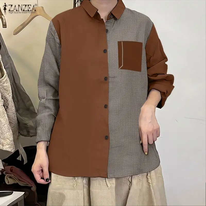 ZANZEA Vintage Shirts met lange mouwen Dames Casual Knoppen Mode Blouses 2026 Herfst Lente Kleur Patchwork Losse Oversized Blusas