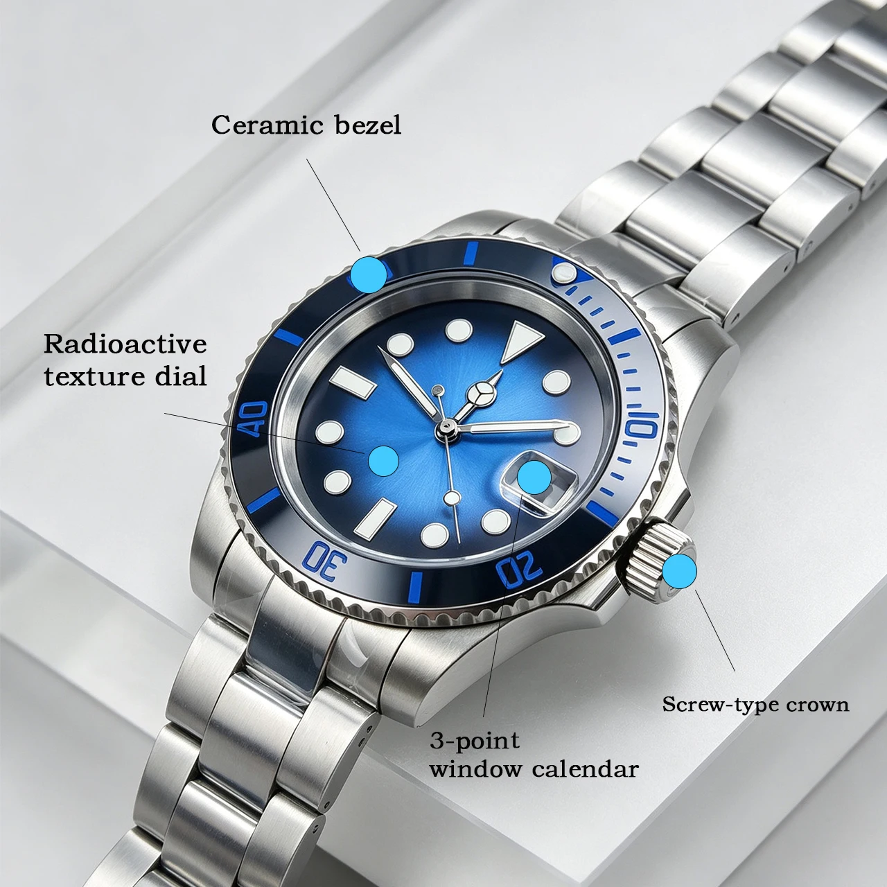 New Arrival 40mm NH35 Silver Watch Case Kit, Stainless Steel Solid Caseback Sapphire Crystal Customizable Dial,  Quality Diver