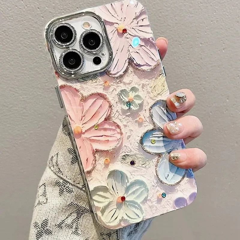 Doce flores glitter laser caso de telefone para iphone 16 pro max 15 14 plus 13 12 11 diamante macio à prova de choque lente proteção capa