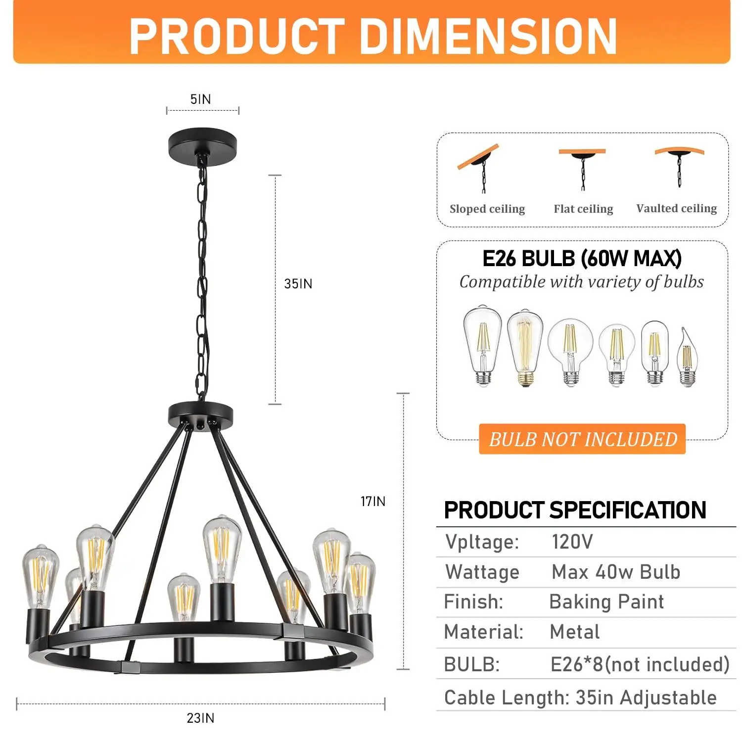 مزرعة الثريا 8-Light الأسود عربة عجلة قلادة ضوء خمر الصناعية عكس الضوء E26 قاعدة لغرفة المعيشة بهو المدخل