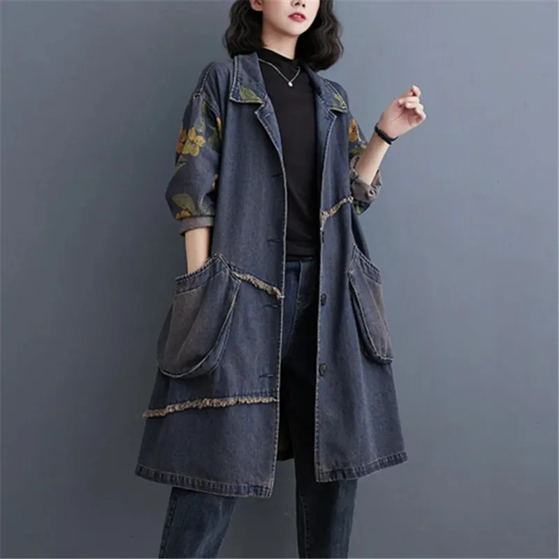 Vintage Women's Denim Trench Coat for Women 2024 Autumn New Printing Long Sleeve Jeans Jacket Casual Loose Denim Windbreaker