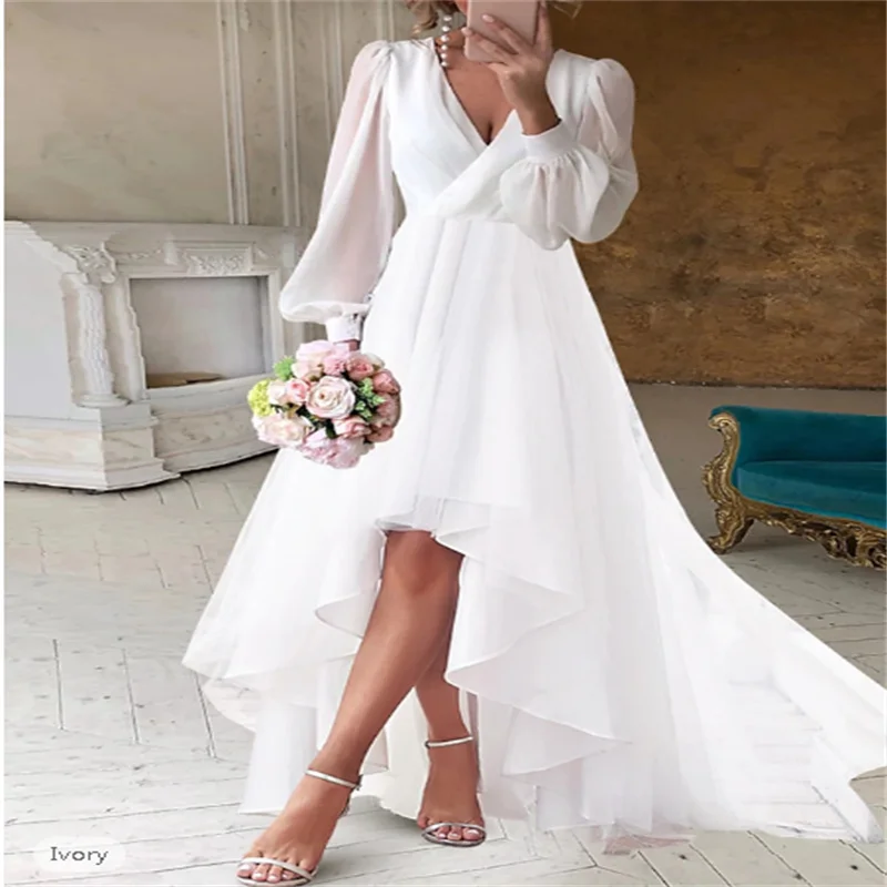 

Beach Wedding Bridal White Dress Bridal Wedding Dresses A-Line V Neck Long Sleeve Asymmetrical Chiffon Bridal Gowns 2025