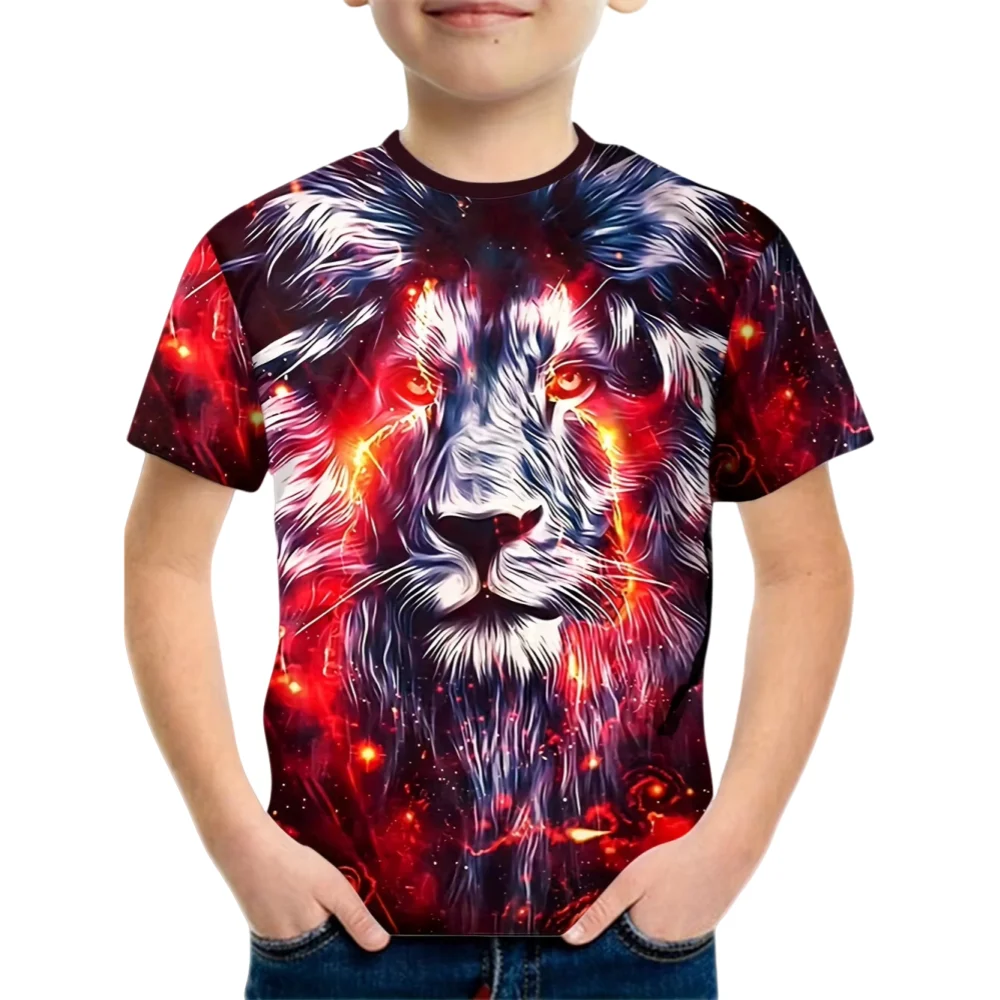 Boys' T-Shirt Cool Tiger 3D Printed Children's Short Sleeves O-Neck Pullover Tops Outdoor Casual Comfortable Children's Clothing