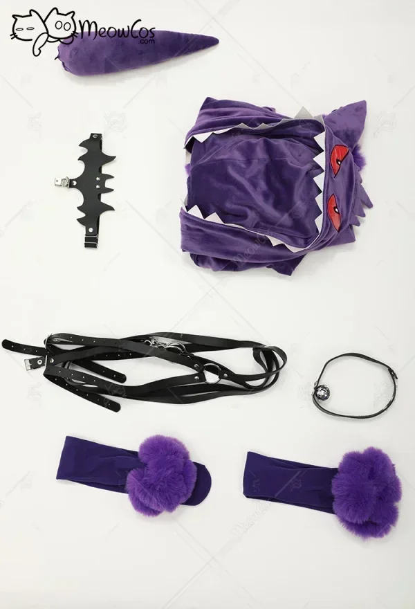 Meowcos Women Genga Cosplay Costume Halloween Purple Ghost Romper Bodysuit Plush Hooded and Socks with Belt and Tail image 6