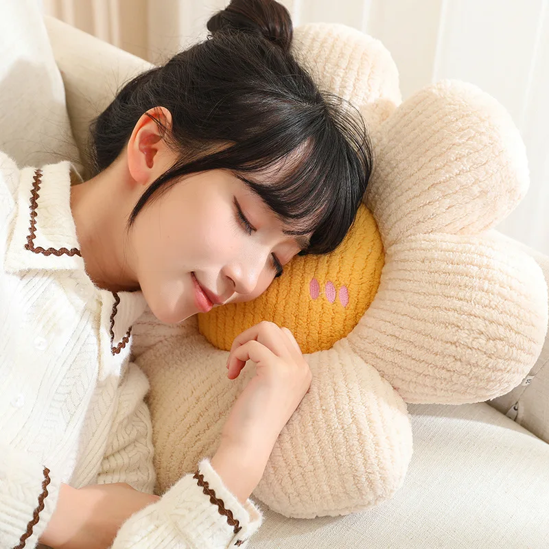 45cm Sunflower Plant Plush Pillow Stuffed Eyes Closed Open Kawaii Emotion Face 7-petal Flower Seat Cushion Sofa Chair Bed Gift