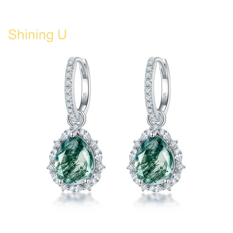 Shining U 925 Sterling Silver 8*10mm Pear Green Stone Dangle Earrings for Women Fine Jewelry Summer