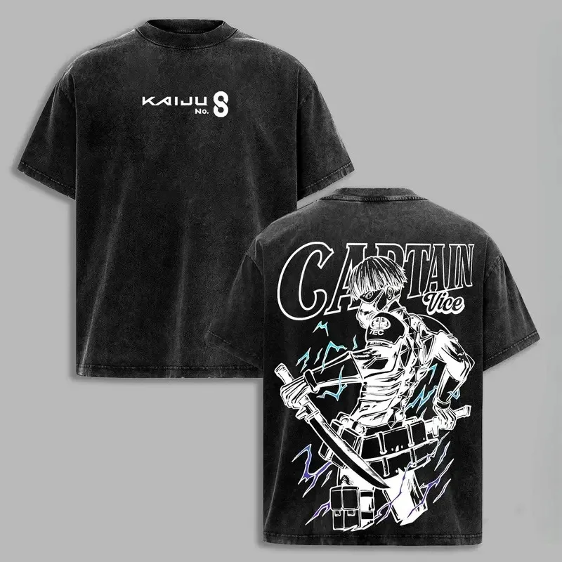 2026 Japón Kaiju No. 8 Camiseta de gran tamaño lavada de Anime, camiseta extragrande lavada de alta calidad, producto novedoso lavado Unisex para parejas
