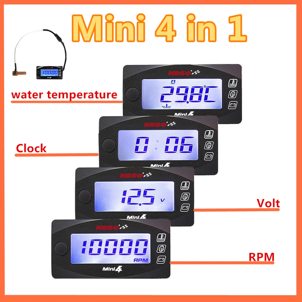 

koso 4 in 1 Tachometer Motorcycles Water Temperature Meter Voltage Time RPM LED Digital Display Fin Type Sensor