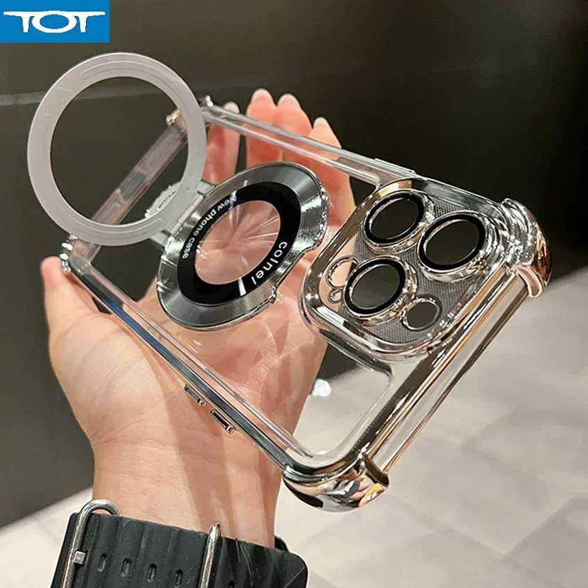 

Luxury Plating Shockproof Magnetic Bracket for Magsafe Clear Case for iPhone 15 16 12 13 14 Pro Max Plus With Holder Stand Cover