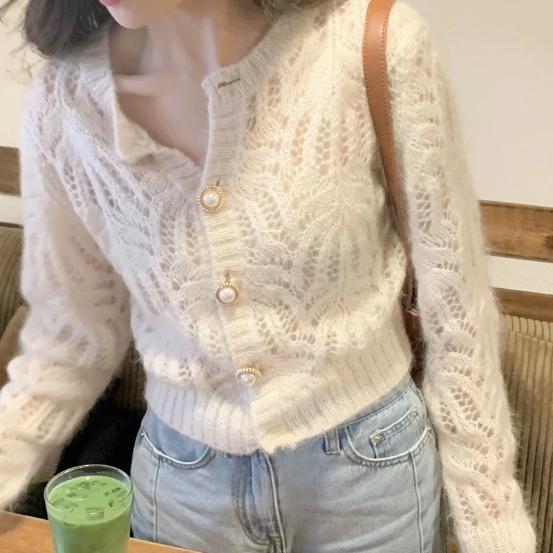 Autumn Vintage Elegant Female Cardigan Winter Long Sleeve Women Knitted Cardigan Sweaters Fashion Hollow Out Elegant Tops 16179