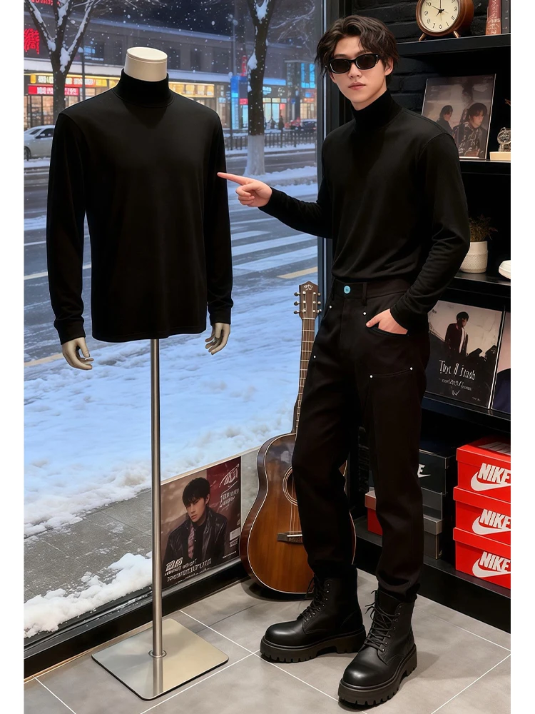 

Мужская черная флисовая футболка в американском стиле с высоким воротником и длинными рукавами, теплая зимняя базовая рубашка, модная толстовка