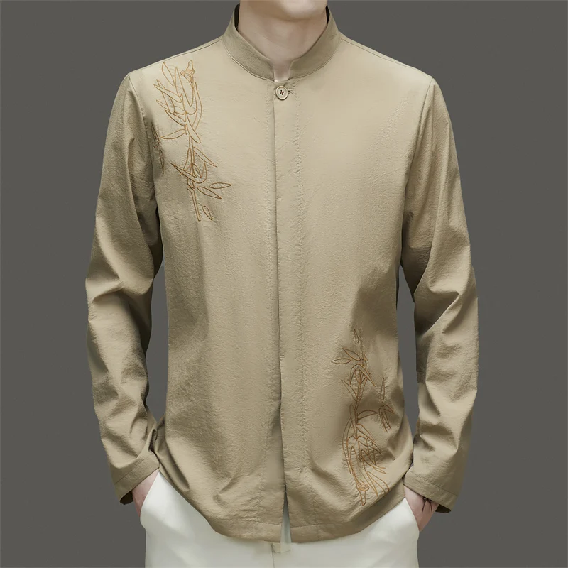 

Covered Button Tang Costume Shirts For Men Long Sleeve Sunscreen Summer Quality Embroidery Breathable Handsome Camisas De Hombre