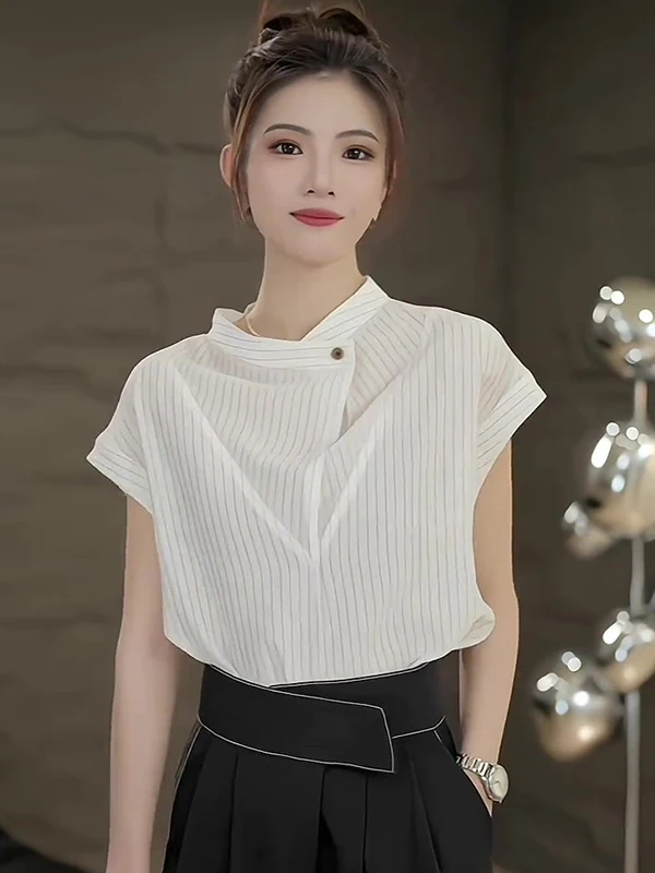 

Korean Sle ort Sve White Striped irt Women's Summer High Waist Loose Fit Commute Faion Button Design Casual irt