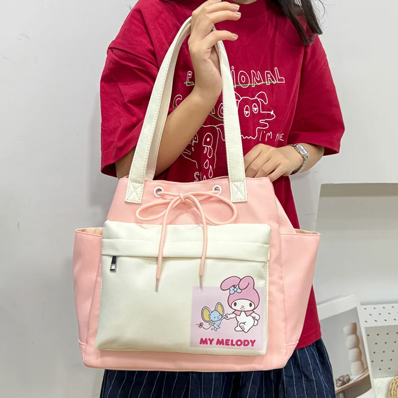 Hello Kitty cartoon contrast color waterproof large-capacity drawstring pocket Kuromi Cinnamoroll Melody one-shoulder tote bag