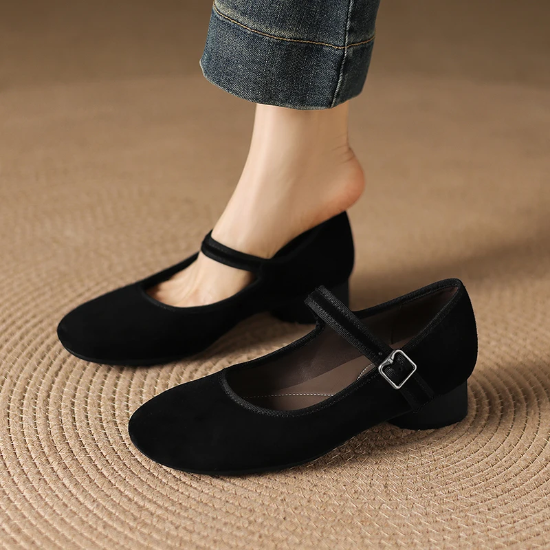 2026 new spring summer women pumps natural leather 22-25cm kid suede +pigskin+sheepskin round toe round heel mary janes shoes view 4
