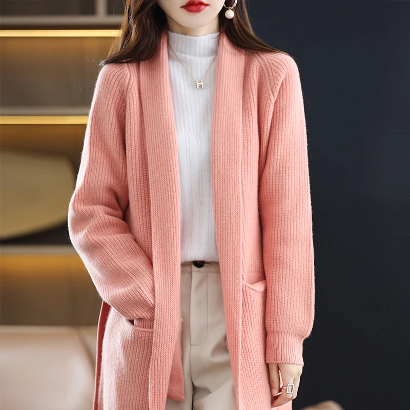 Autumn Winter New 100% Wool Cardigan Women's Solid Color Thicken Sweater Warm Fashion Long Cardigans Female Long Sleeve Coat