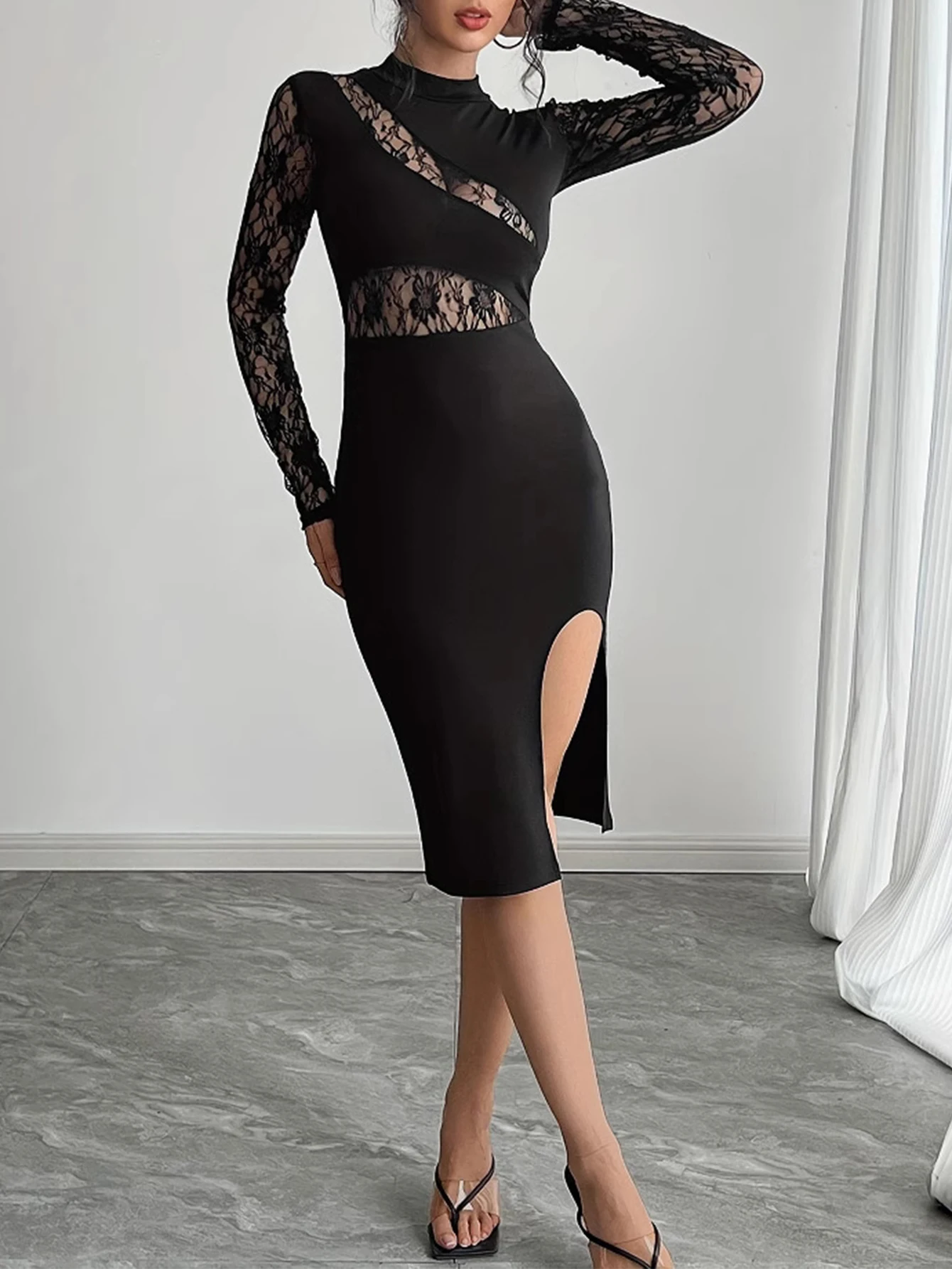 Vestido feminino cor sólida manga comprida em torno do pescoço primavera verão k-moda sexy fenda lateral bodycon vestido
