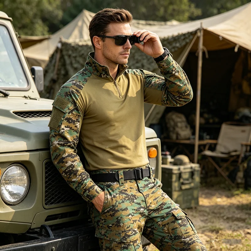 Camo Tactical Frog Suit Flame Resistant Quick-Drying Training Uniform Scratch Resistant Outdoor Work Clothes Bonus Waist Belt