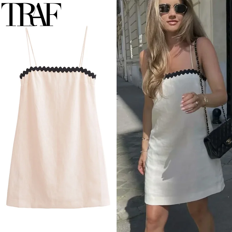 TRAF Off White Slip Dress Women Sleeveless Linen Summer Dress Woman Backless Elegant Party Dresses Sexy Sundress Short Dresses