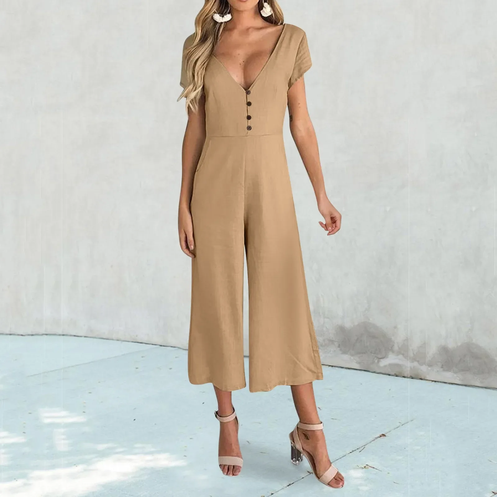 Women Loose Jumpsuit Summer Casual Wide Leg Pants Elegant Solid Overalls Sleeveless Pocket Jumpsuits Office Women\'s Trousers