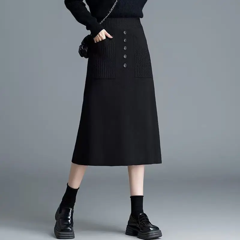 Women High Waist Button Decor Knitted Midi Skirt With Pockets A Line Flared Skirt