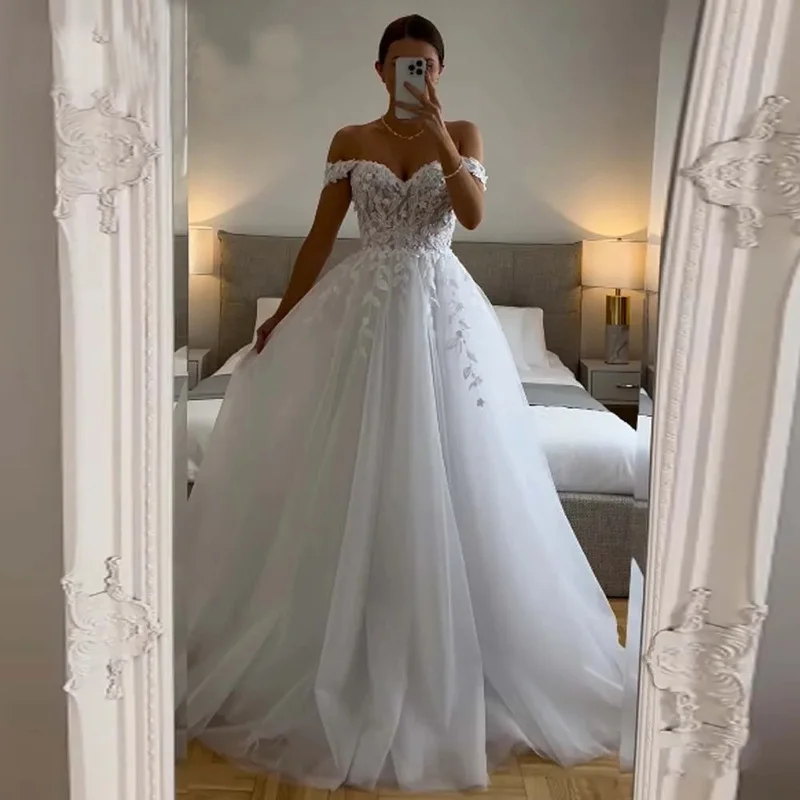 Vintage Wedding Gowns for Mariages A-line Appliques Off the Shoulder Tulle Lace up Pleat Customized