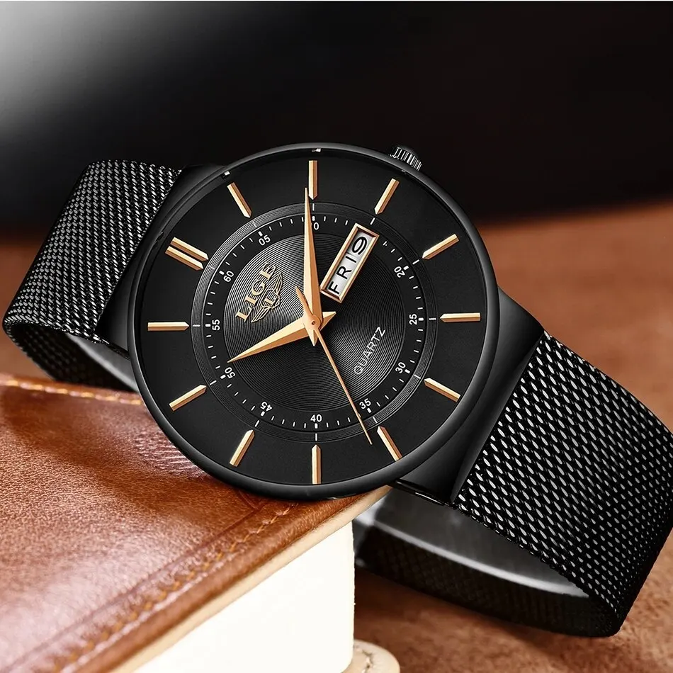 LIGE-reloj analógico con correa de acero para hombre, accesorio de pulsera de cuarzo resistente al agua con calendario, complemento deportivo ultrafino con diseño informal, 2024