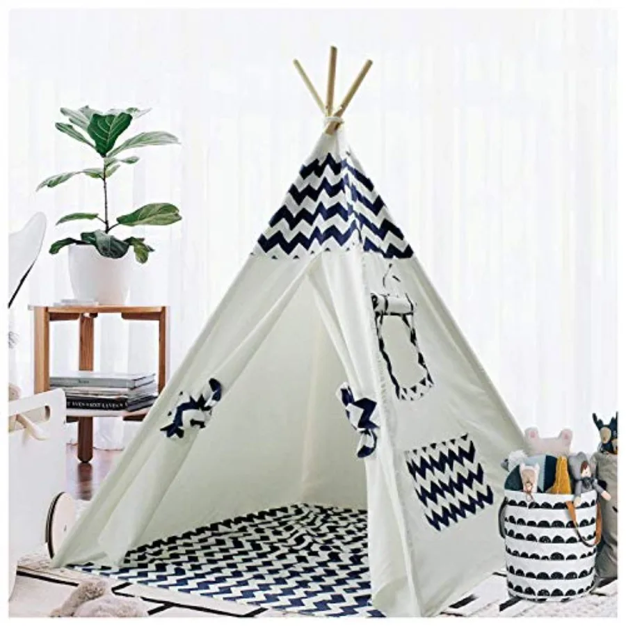 

' play tent for indoor and outdoor use, navy chevron canvas teepee with mat, lightweight and durable tipi wigwam design