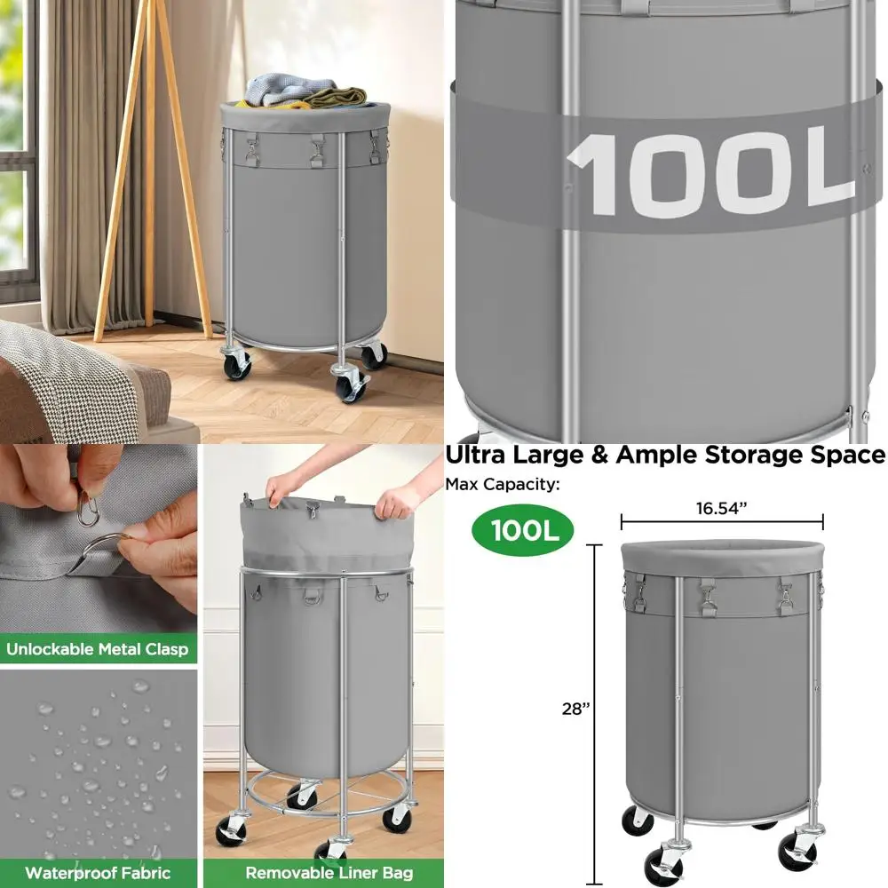 

100L Rolling Laundry Basket Sorter with Wheels and Removable Bag, Steel Frame Organizer for Home Use in Grey