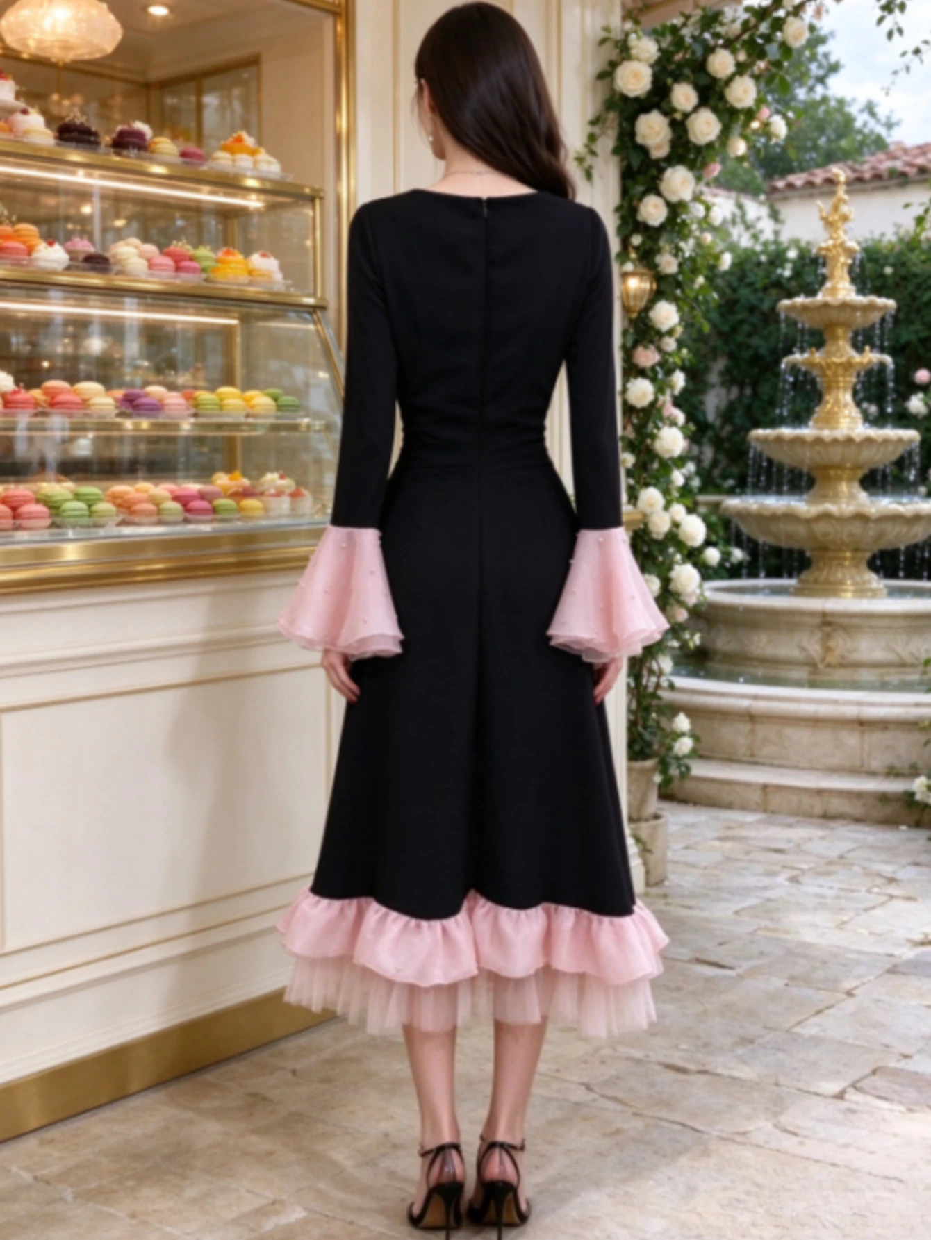 Customized Exquisite Black Pink Two Tone Square Neck Flare Sleeve Ruffle Evening Dresses 2026 New Elegant tea Length Prom Dress