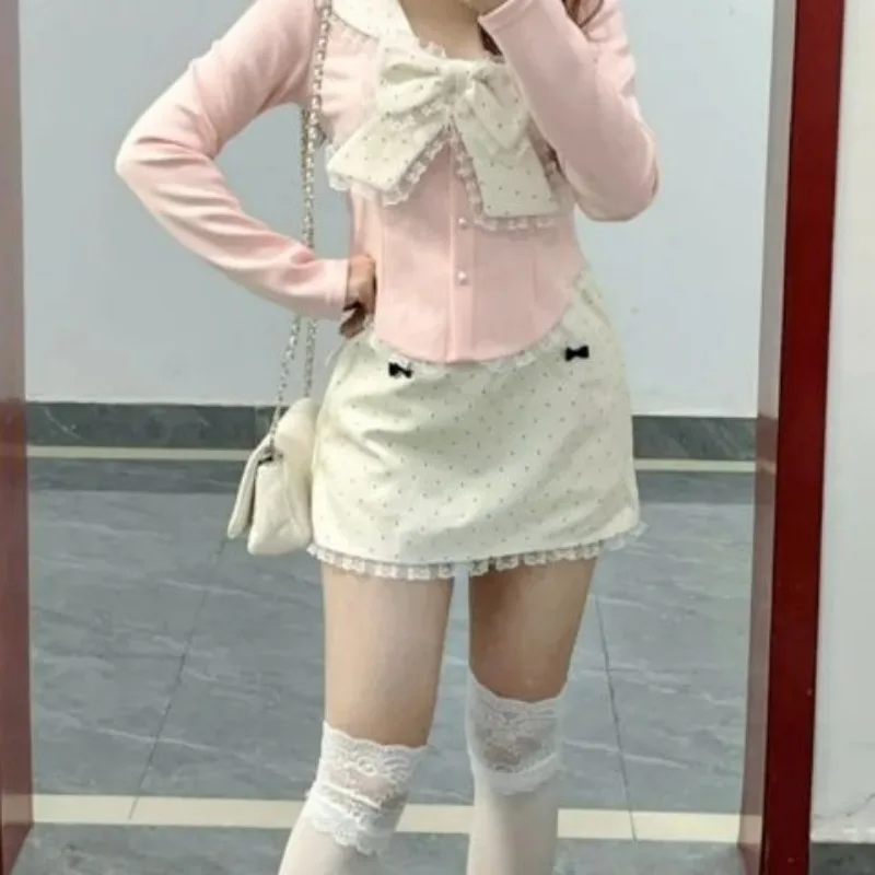 Herfst College Stijl Lolita Dames Tweedelige Set Zoete Franse Y2k Set Boog Lange mouwen Tops + Polka Dot Minirok Outfit 2025