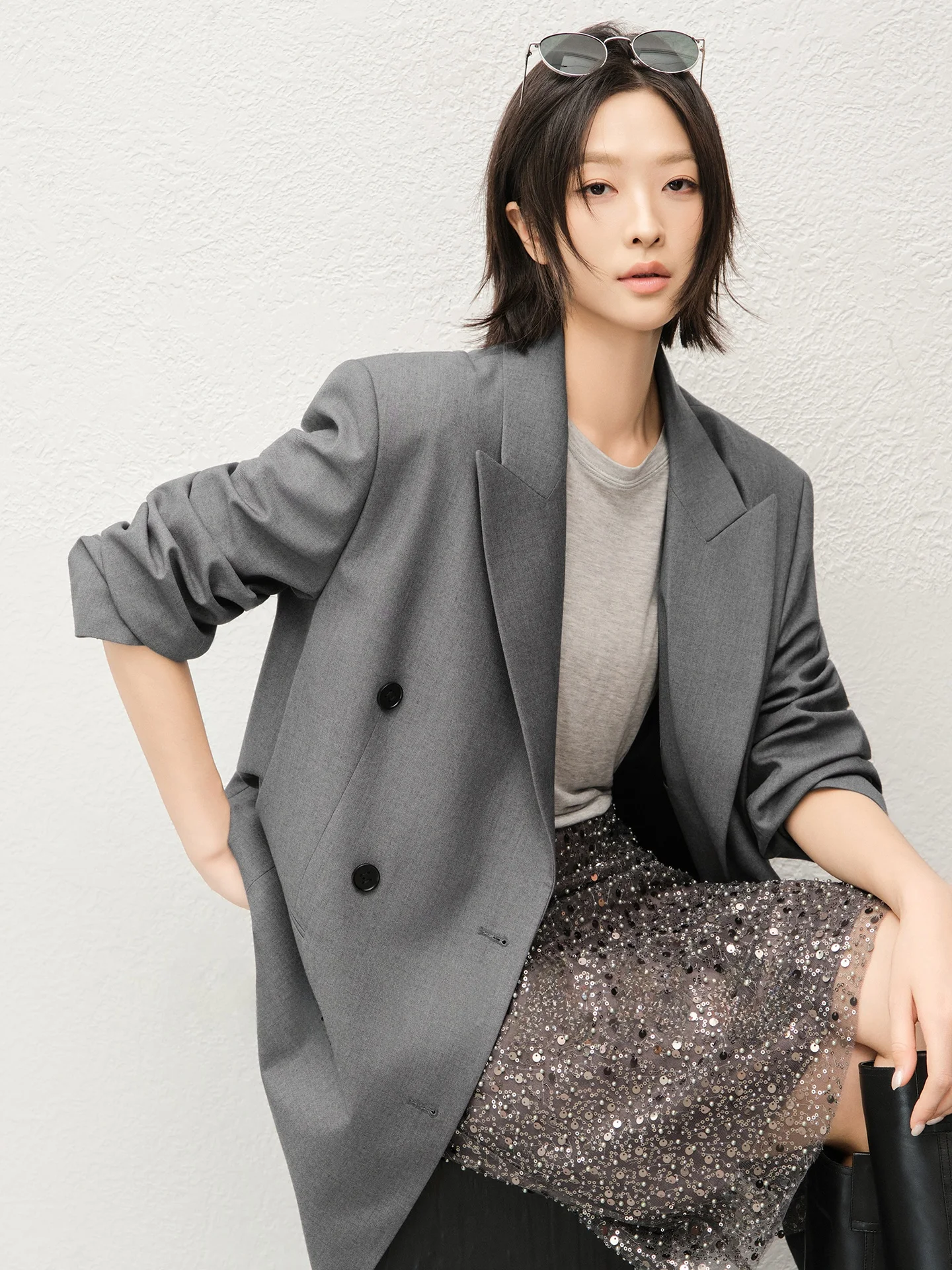 

Meiyang Ele Tailored Jaet oulder Pads Double Row Buttons Commute Friendly Office Chic Women's Polyester Fiber Suit