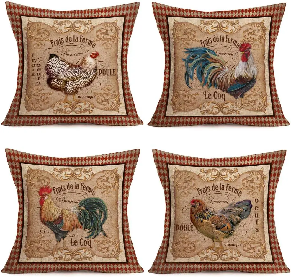 Vintage Farm Cock Hen Pillow Cover Linen Square Cushion Cover Farmhouse Sofa Decorative Pillowcase Autumn pillowcase