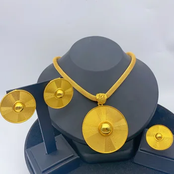 24k Gold Plated Round Necklace And Earrings Sets For Women Ethiopian Indian Bridal Jewelry Set Wedding