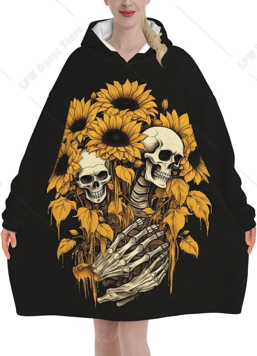 Floral Skull Sunflower Skeleton Wearable Blanket Hoodie Oversized Sweatshirt Blanket Cozy Warm Sherpa Hooded Blanket With Pocket