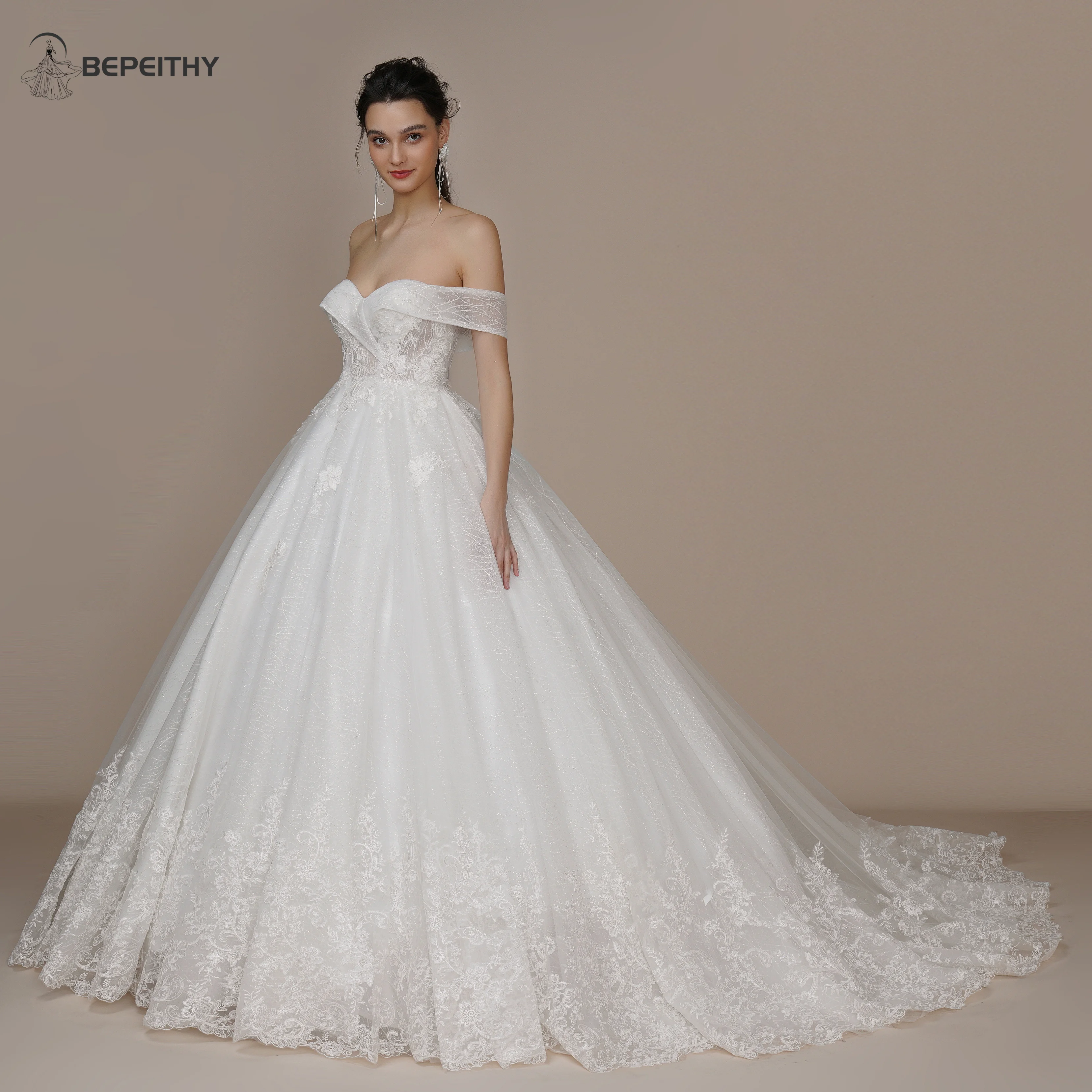 

BEPEITHY Customized Princess Vintage Wedding Dress For Women Strapless Court Train Detachable Sleeves Glittle Bridal Ball Gown